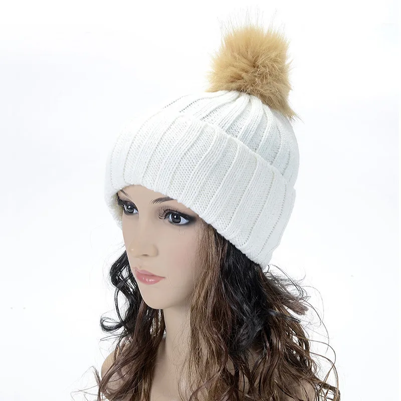 New Hat Female Classic Knitted Faux Fur Pom Poms Women Cap Headdress Head Warmer Women's Winter Hats Skullies Beanies BD01 | Аксессуары
