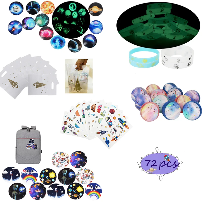 72pcs Outer Space Party Favors Tattoo Bracelet Badge Luminous Ball Accessories Kids Birthday Party Gift Stocking Stuffers