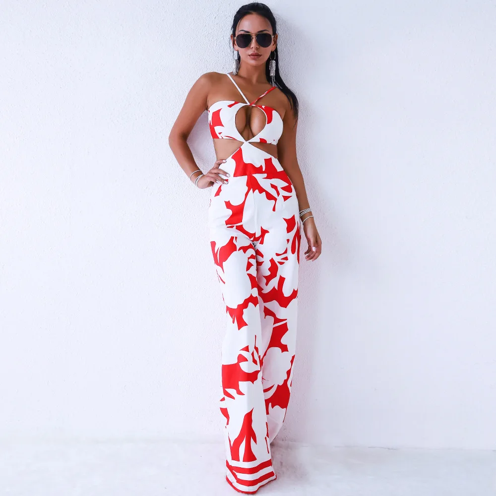 

High Quality 2019 Jumpsuit Sexy Backless Hollow Out Women Print Spaghetti Strap Night Club Bodysuit Party Jumpsuit Wholesale
