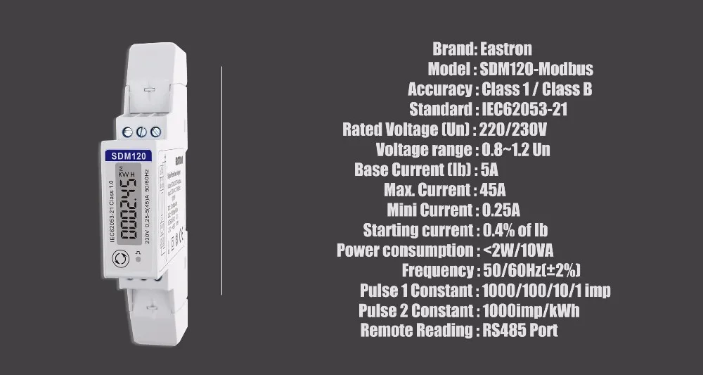 SDM120Modbus 5(45) A, 220/230 В, однофазный умный кВтч метр, настраиваемый импульсный выход,+ RS485, 17,5 мм NON-MID