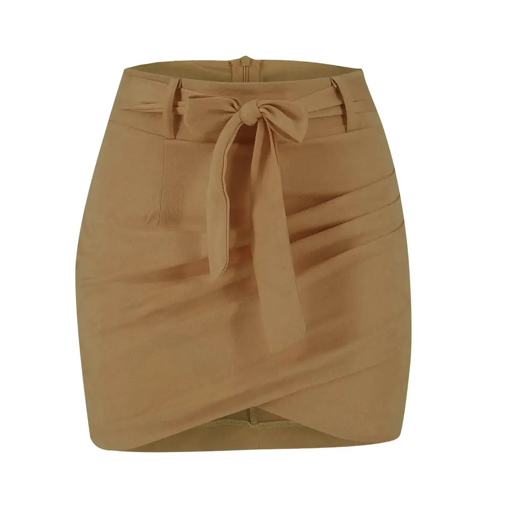

LOSSKY Solid High Waist Belt Bodycon Mini Skirt Casual Irregular Hem Women 2020 New Office Skirts Pink Sashes Short Skirt Fahion