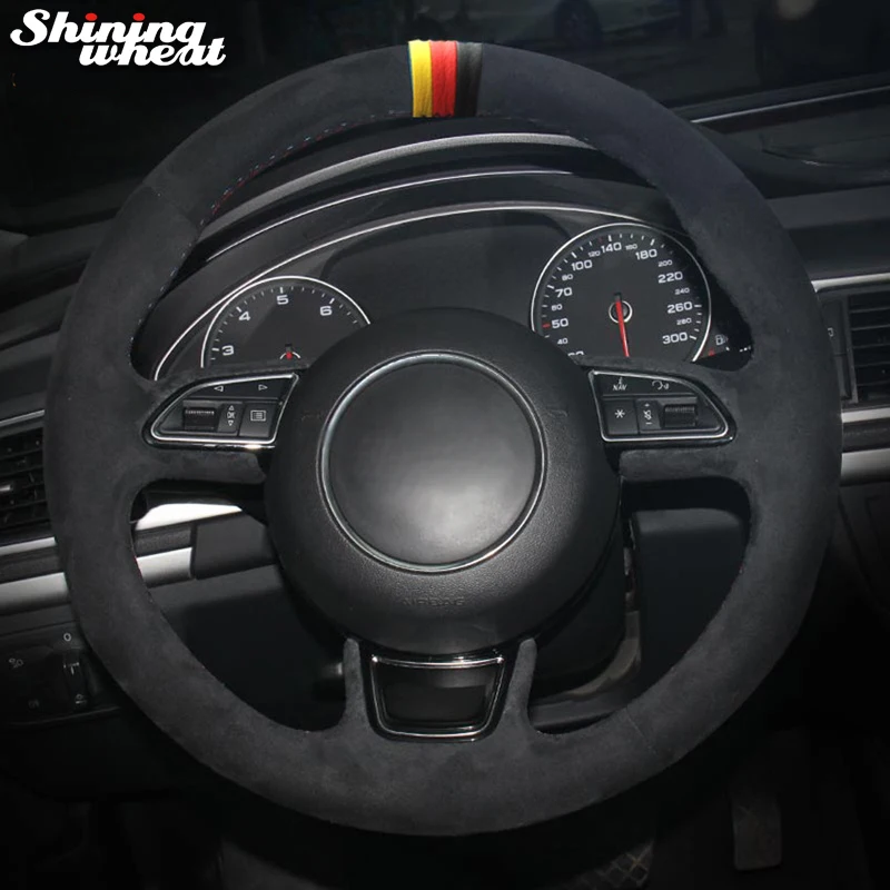 

Hand Sew Yellow red black Marker Black Suede Car Steering Wheel Cover for Audi A1 A3 A5 A7