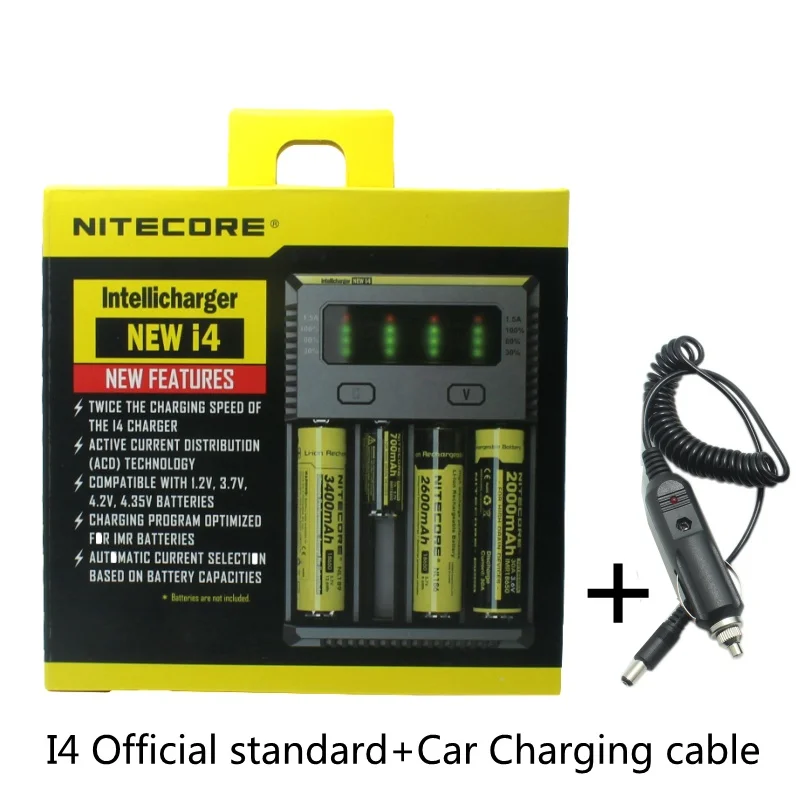 I4 with car charger Nitecore D4 D2 I4 I2 Digi зарядное устройство lcd интеллектуальная схема глобальная страховка Li-Ion 18650 14500 16340 26650 зарядное устройство - Цвет: I4 with car charger