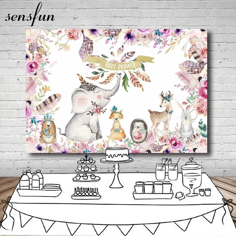 

Sensfun Elephant Wild one Woodland Baby Shower Backdrops Flower Animal Birthday Party Backdrop Photography Prop Photo Background