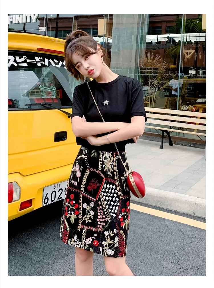 Женский костюм с юбкой карандаш SHTONGHUA черная свободная футболка коротким рукавом