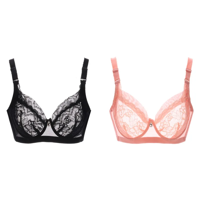 black and pink 2 pcs Xianqifen, сексуальное кружевное белье, Ультра тонкое, плюс, большой размер, пуш-ап, бюстгальтеры для женщин, нижнее белье, укороченные топы, Bh, бюстгальтер для девочек, прозрачный - Цвет: black and pink 2 pcs