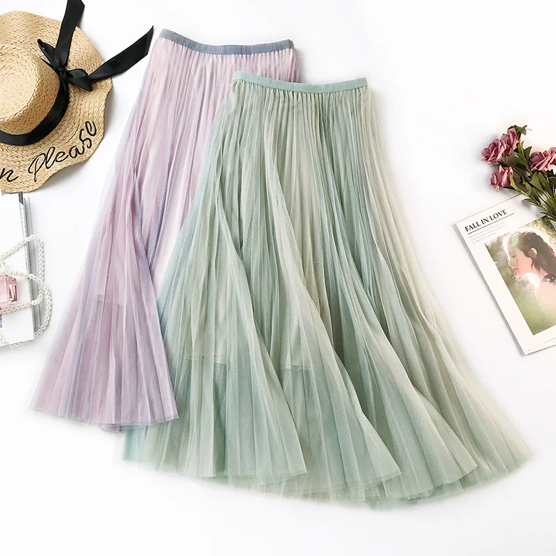 Small fresh Tulle Skirts Womens 2019 Summer Long Midi Skirt Female Elastic High Waist Pleated Tutu Saia | Женская одежда