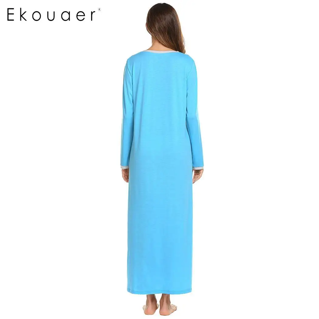 Ekouaer Длинная сорочка, платье для сна одежда для сна, для отдыха платье для сна Для женщин Повседневное с О-образным вырезом с длинным рукавом спереди плиссированные ночная рубашка