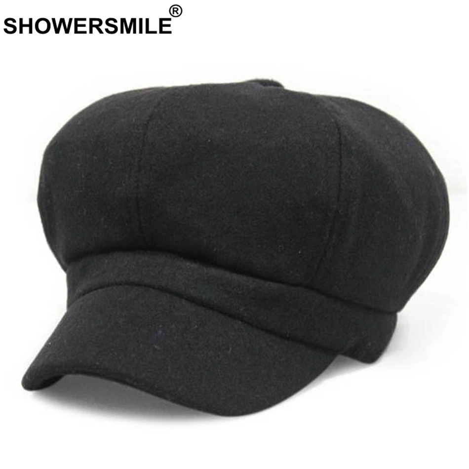 Black Hat SHOWERSMILE, красная Шерстяная кепка Newsboy, женская теплая винтажная восьмиугольная шапка, женская шапка в британском стиле, осенне-зимняя Кепка на плоской подошве, Новинка - Цвет: Black Hat