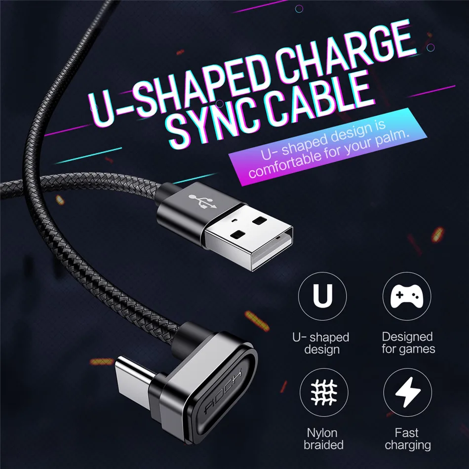 ROCK usb type C игровые Кабели Кабель usb type-c для Xiaomi Oneplus LG Nexus 5x huawei samsung Letv type c провод металлический нейлон