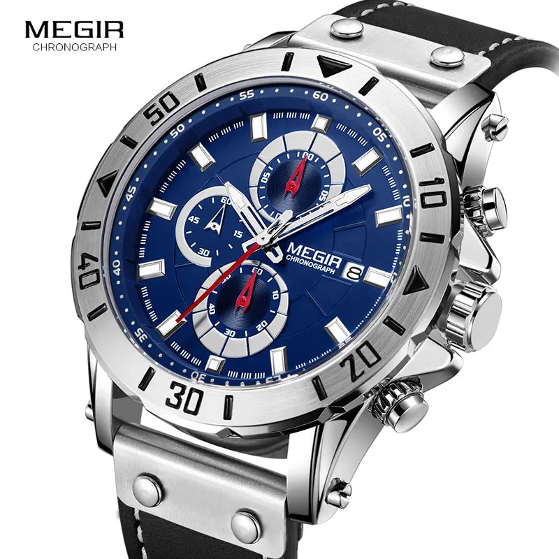 

Megir Mens Watches 2018 Top Brand Luxury Chronograph Leather Sports Military Wrist Watch Man Relogios Masculino Relojes 2081Blue