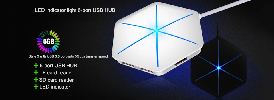 6 портов usb-хаб 1 м разветвитель кабеля с устройство для чтения карт SD TF Mic AUX классный светильник USB 2,0 концентратор для нескольких устройств настольного ноутбука