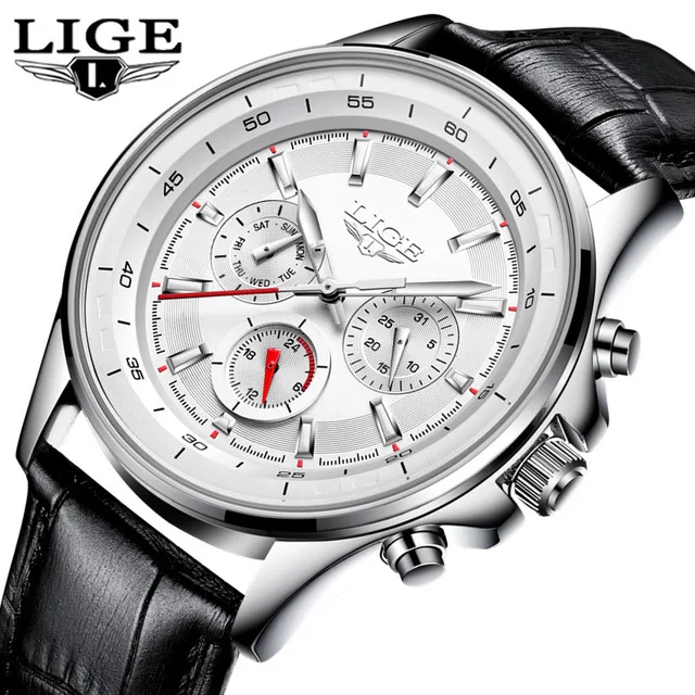 leather white LIGE спортивные мужские часы, мужские кварцевые наручные часы, водонепроницаемые, ударопрочный стальной ремешок, черные армейские мужские часы, мужские часы Hodinky+ коробка - Цвет: leather white