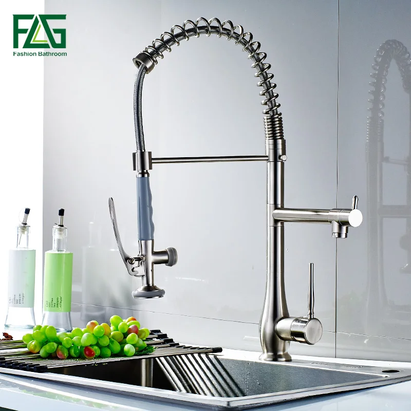 

FLG Spring Style Nickel Brushed Kitchen Faucets Mixer Dual Spray Swivel Spout Rotatable Hot Cold Faucet Sink Mixer Tap 192-33N