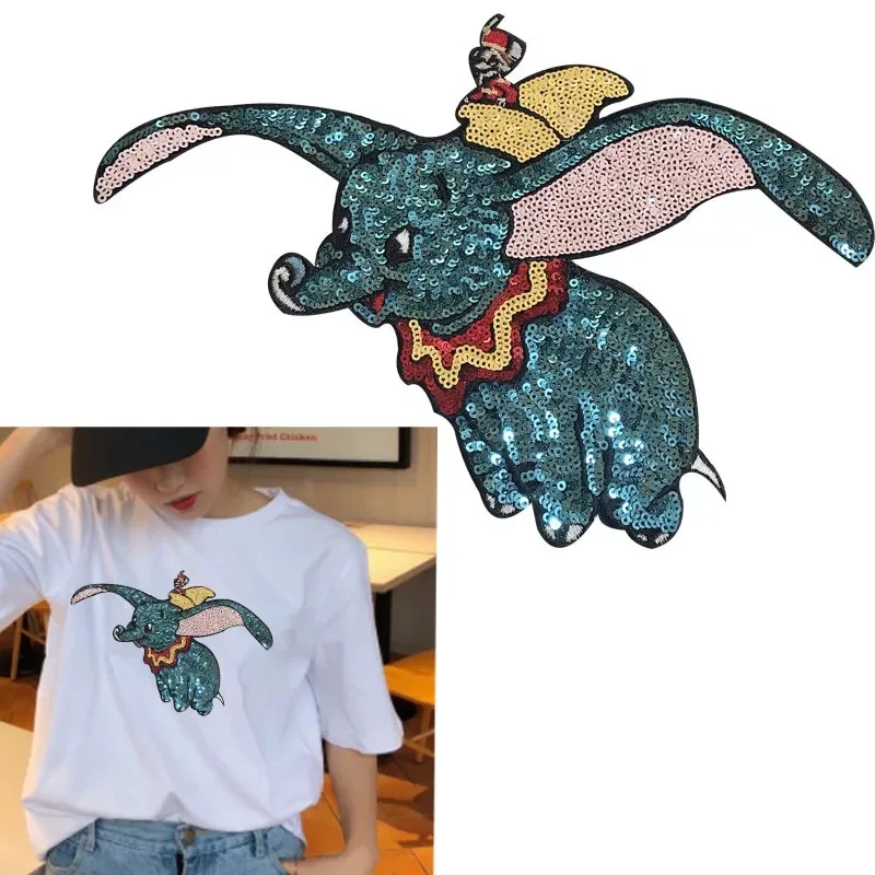 

1 Set(2 pcs) Dumbo Sequined Sew on Patches for Clothes Large Sequins Animal FLY ELEPHANT Patch Sewing DIY Decoration