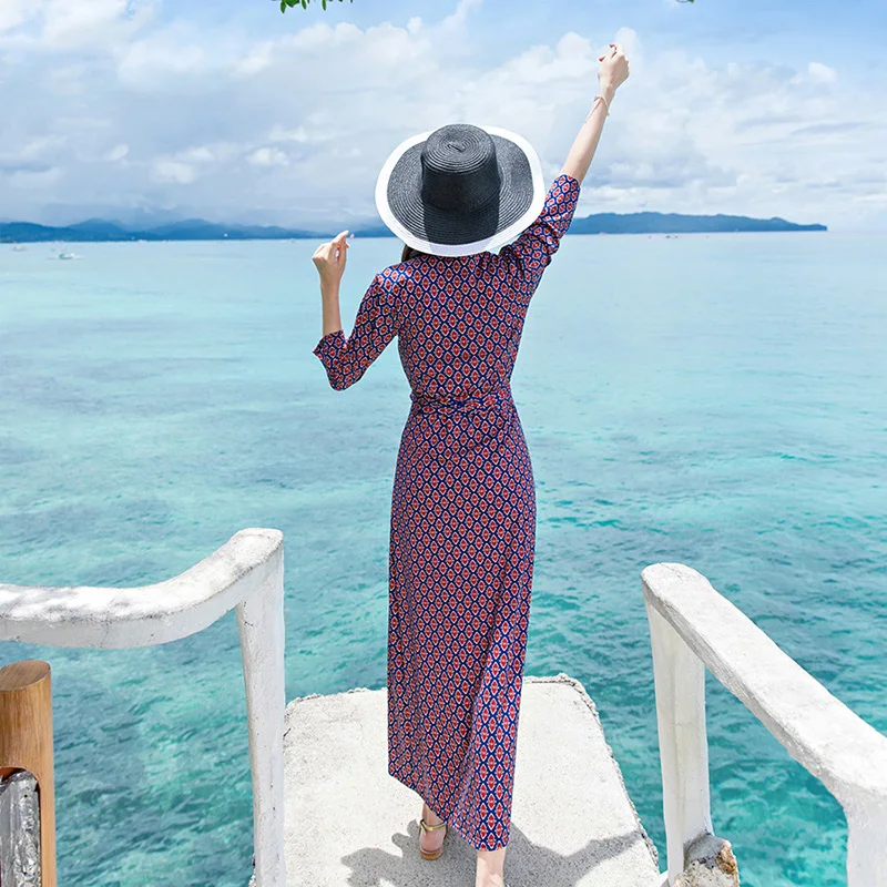 Женское длинное вечернее платье макси с цветочным принтом V образным вырезом и