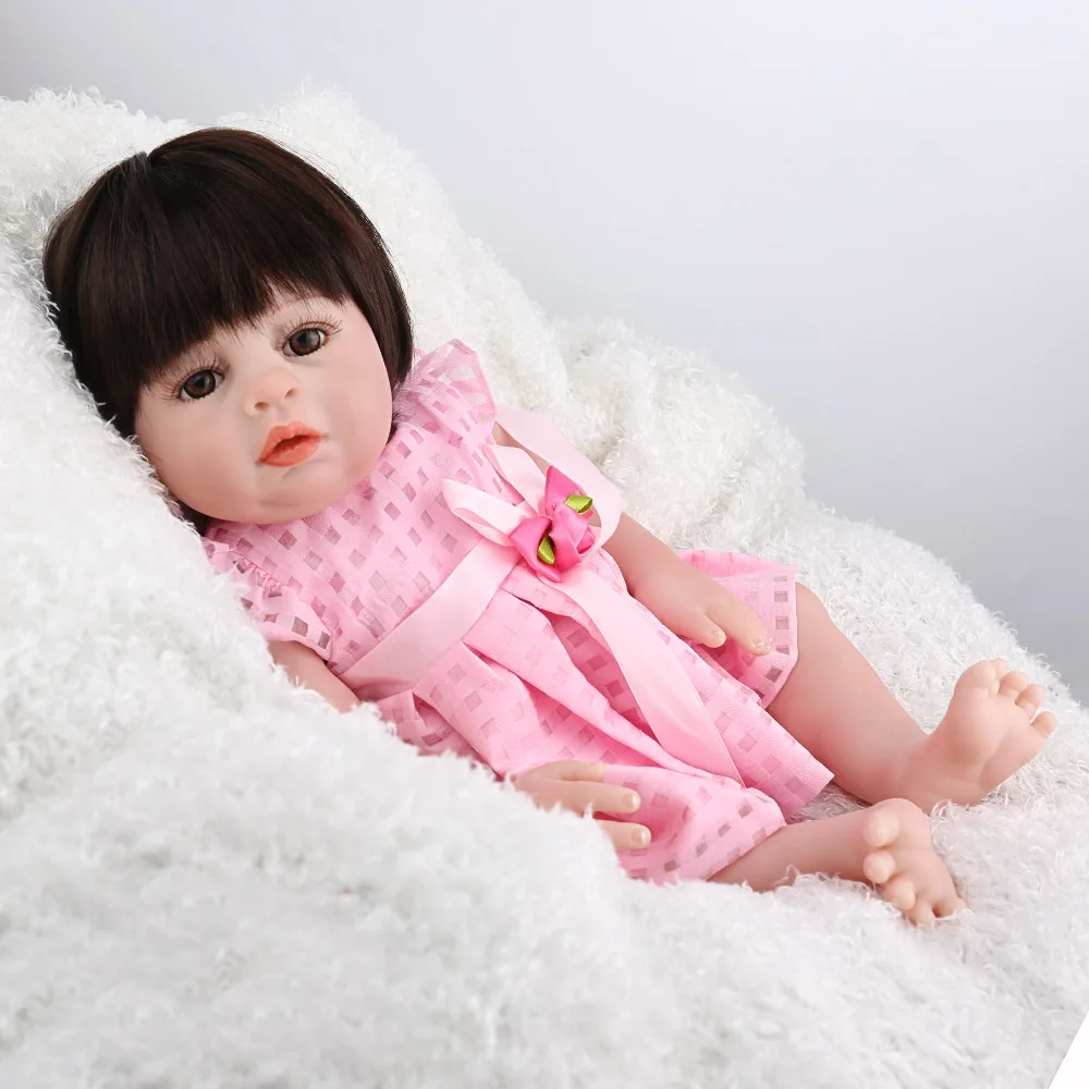 NPKDOLL Reborn Baby Doll девочка Babe Boneca 17 Дюймов Полное виниловое розовое платье принцессы черные парики Мягкий силиконовый подарок на день рождения