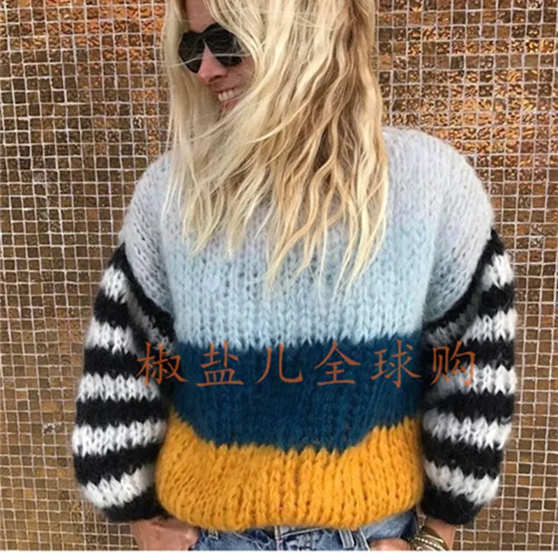 2018 Осень Вязаные из мохера изделия Для женщин High Street полосатый негабаритных maiami