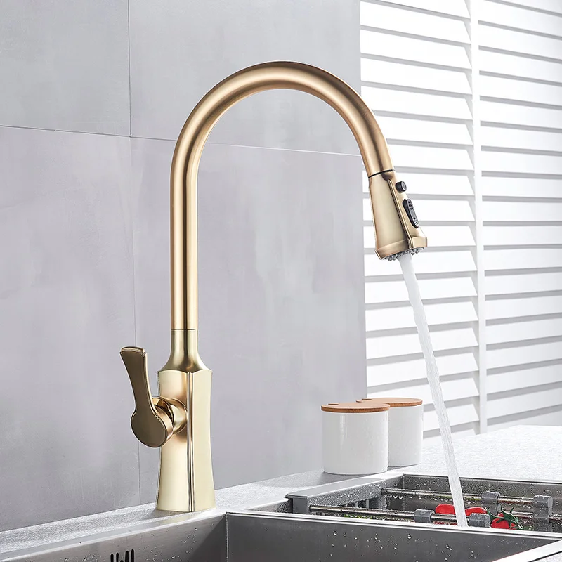 Brushed Gold C Матовый золотой кухонный кран смеситель для горячей и холодной воды кран для кухни выдвижной смеситель кран 2 функции Носик латунный Смеситель для воды - Цвет: Brushed Gold C