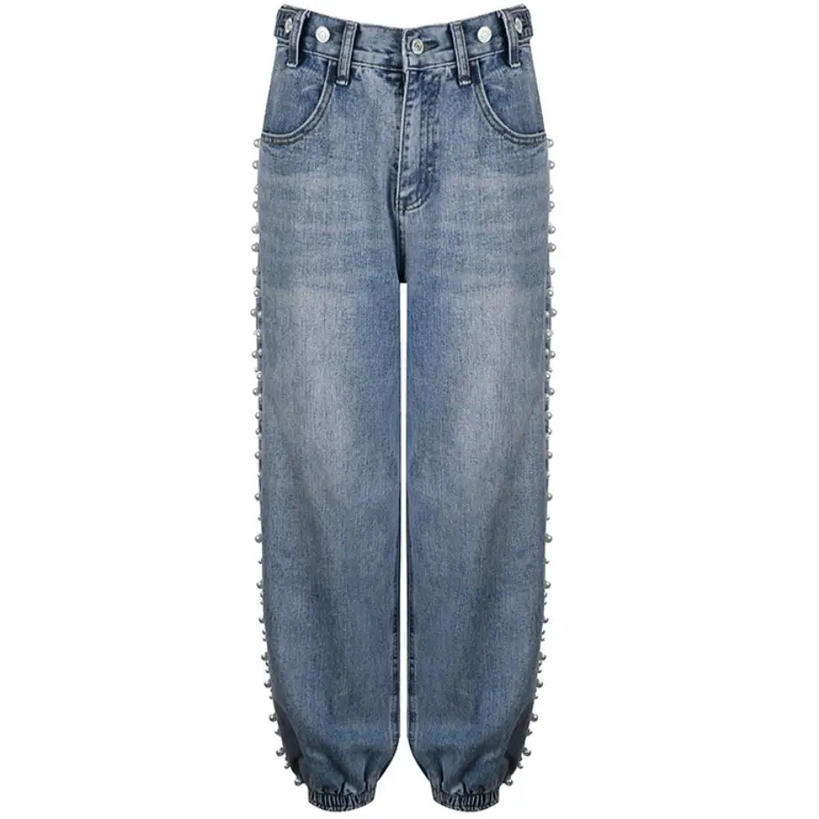 

women 2021 new fashion pearl beading jeans high waist women loose lantern pants