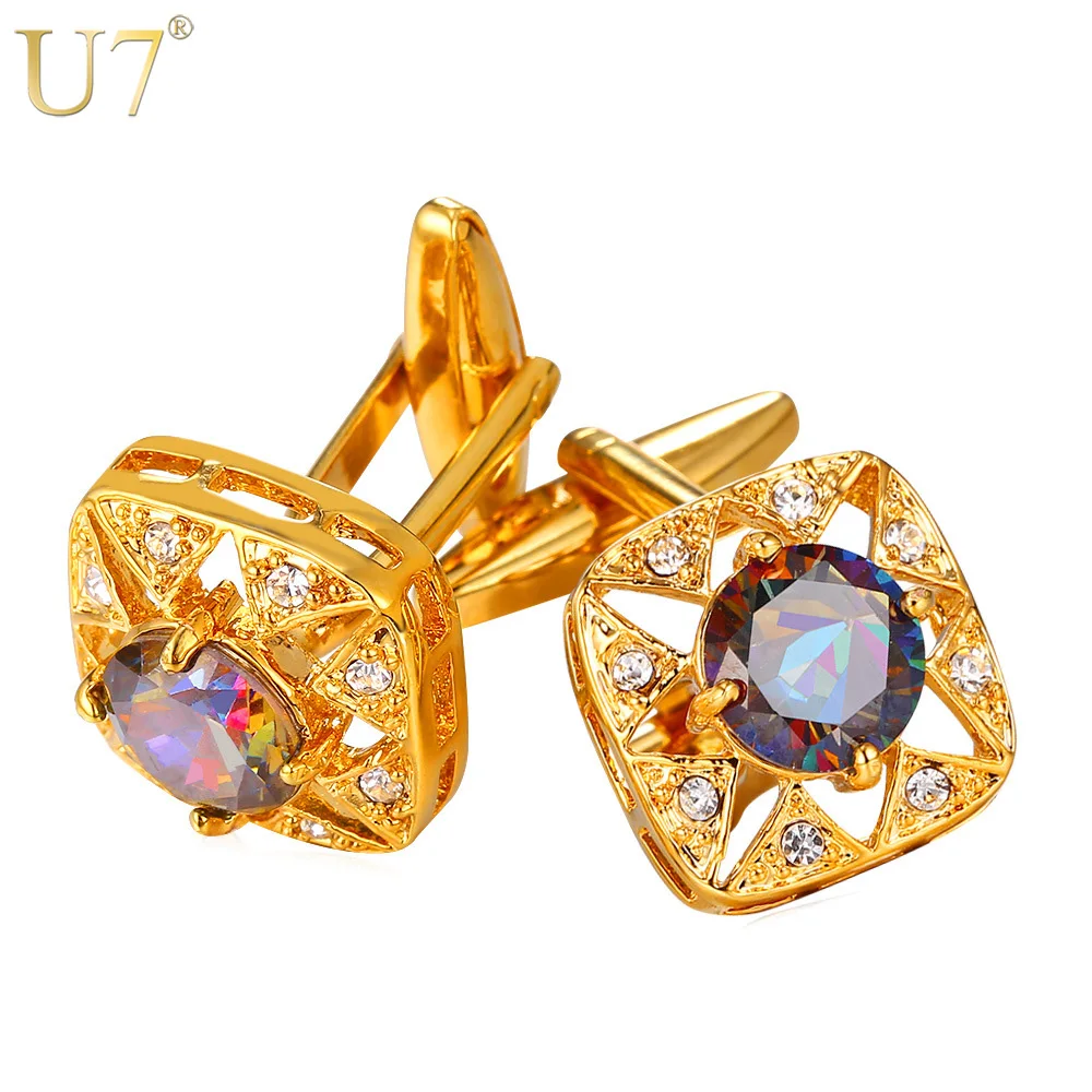 

U7 Square Crystal Cufflinks Gold Color AAA Cubic Zirconia Cuff Link Button Trendy Jewelry With Box For Men Gift Luxury C005