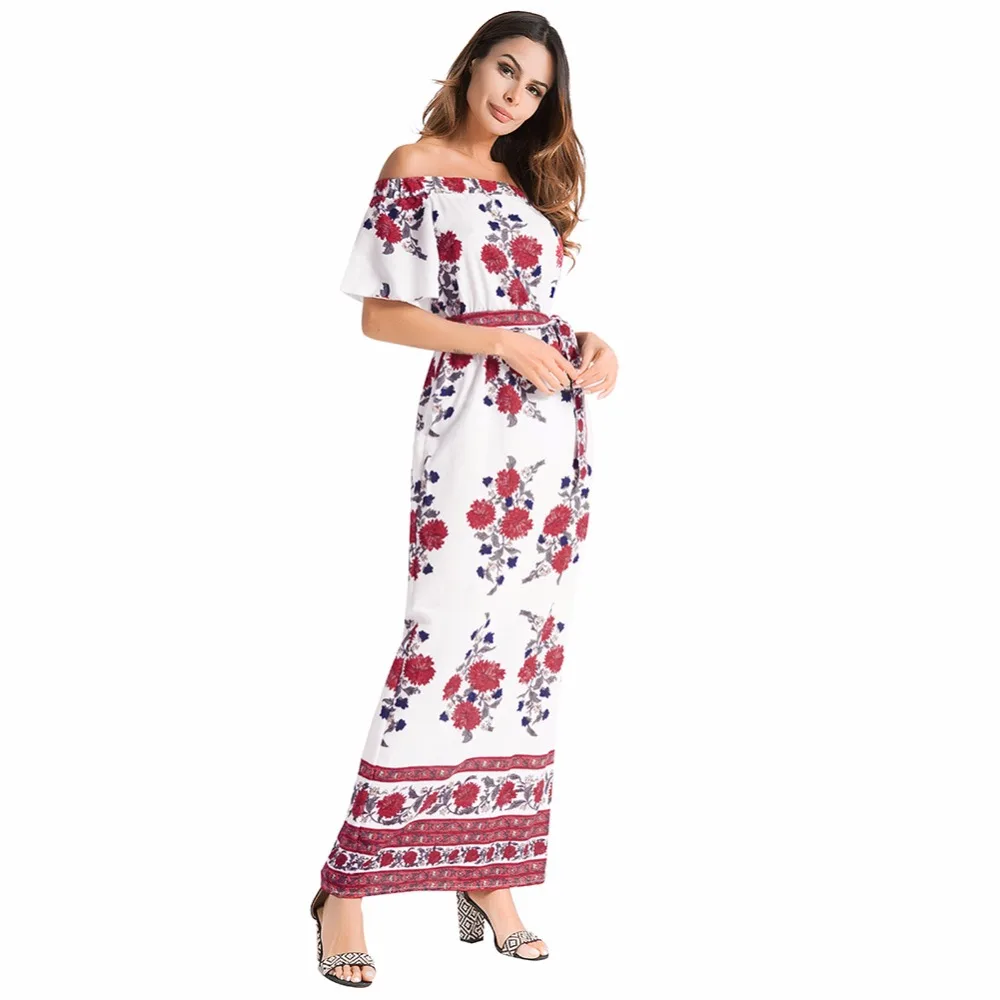 Samiarit с открытыми плечами Slash шеи цветочным принтом прямые пояса спинки платья