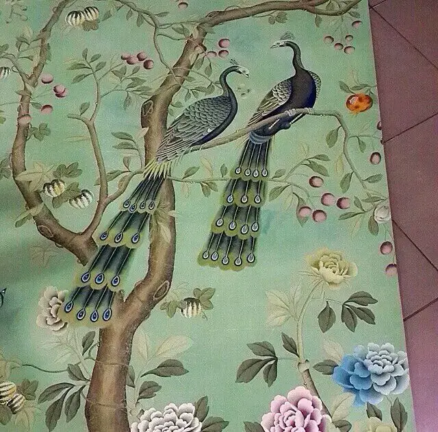 Индивидуальные шелковые обои с эффектом старины ручная роспись цветами птицами