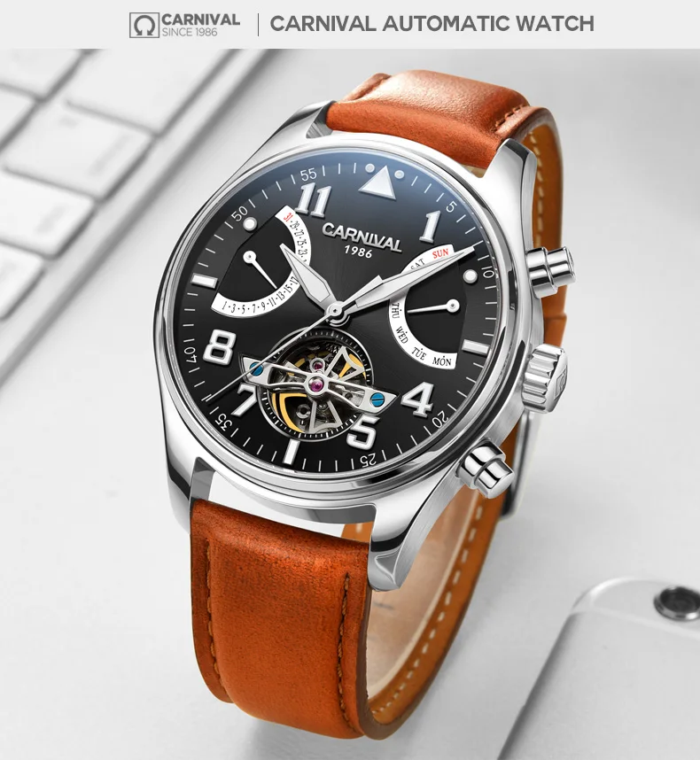 Сапфир Швейцарский Карнавал автоматические мужские часы Tourbillon механические водонепроницаемые часы модные кожаные роскошные relogio masculino