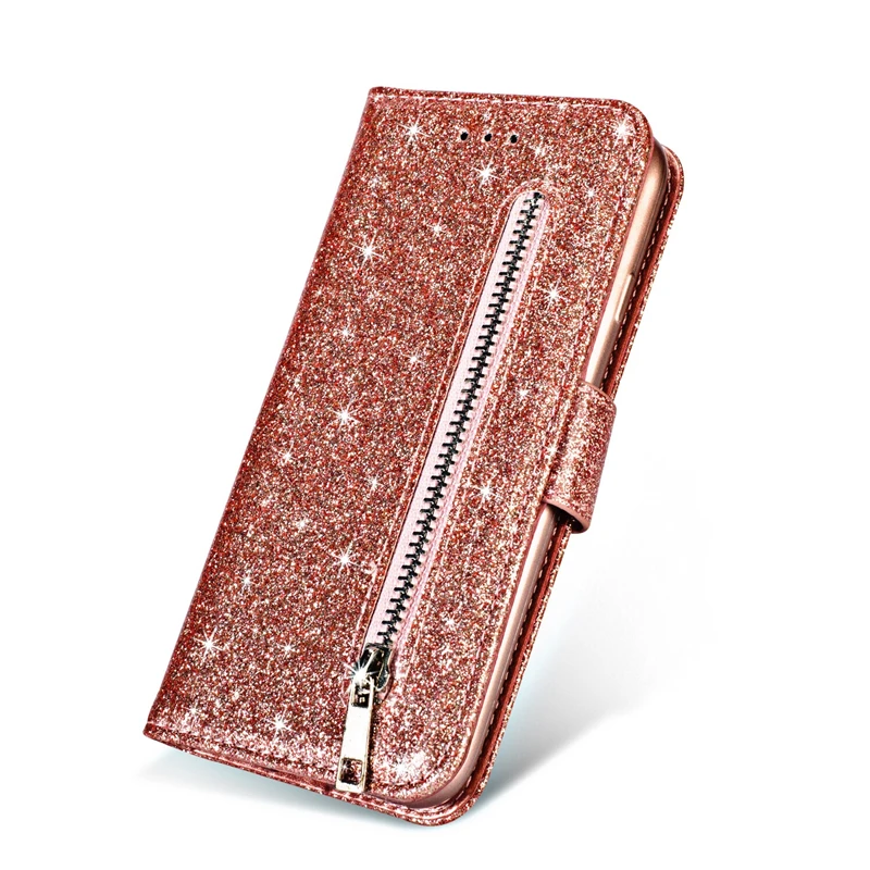 rose gold Блестящий чехол-кошелек для samsung S6 S7 S8 S9 Plus Edge Note 8 9 чехол s с застежкой-молнией книжка блестящая откидная крышка кошелек телефон оболочка для A5 A6 A7 - Цвет: rose gold
