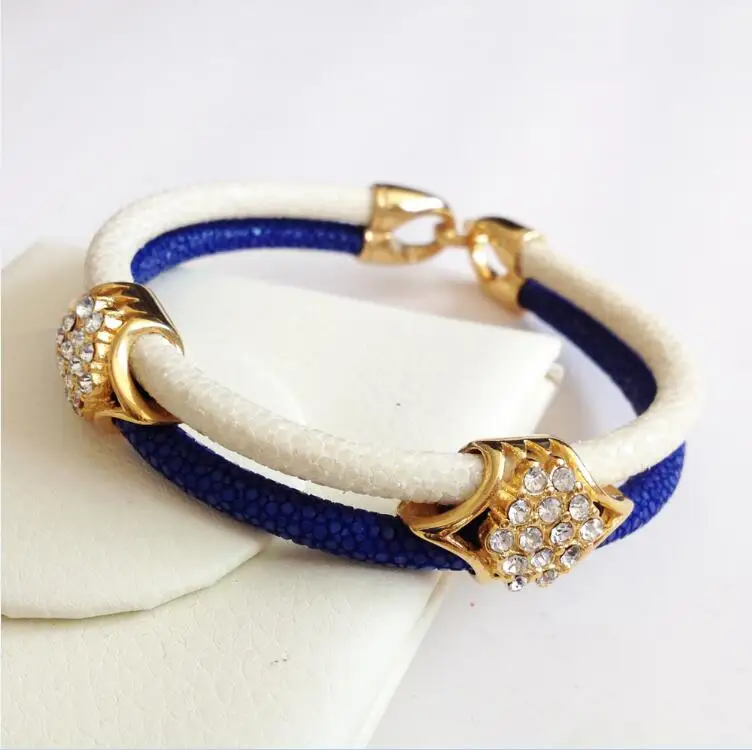 white blue gold Модные ювелирные изделия 5 мм черный синий ската браслет с высоким качеством 316L нержавеющая сталь Пряжка натуральная кожа браслет для мужчин - Окраска металла: white blue gold