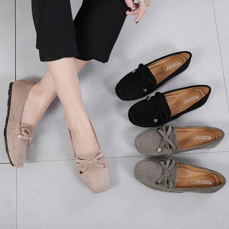 2019 женские Замшевые балетки на плоской подошве мягкие лоаферы без шнурков
