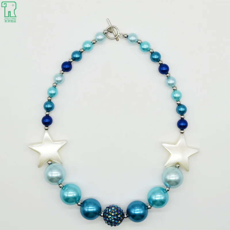 

2015 New Fashion Kids / Girls / Children Chunky Bubblegum Blue Pearl Pentagram Necklace Princess Jewelry