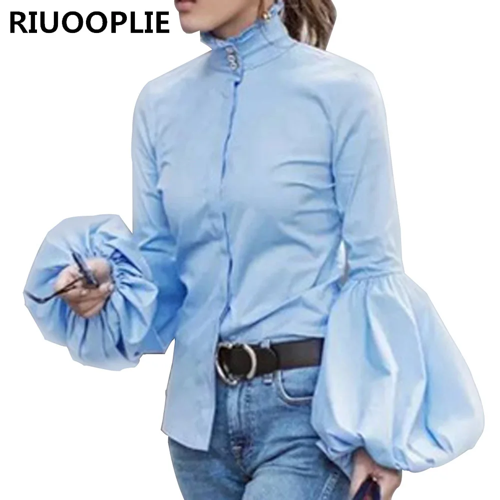 RIUOOPLIE Для женщин длинные широкие Фонари рукавом Блузка на пуговицах Тонкий
