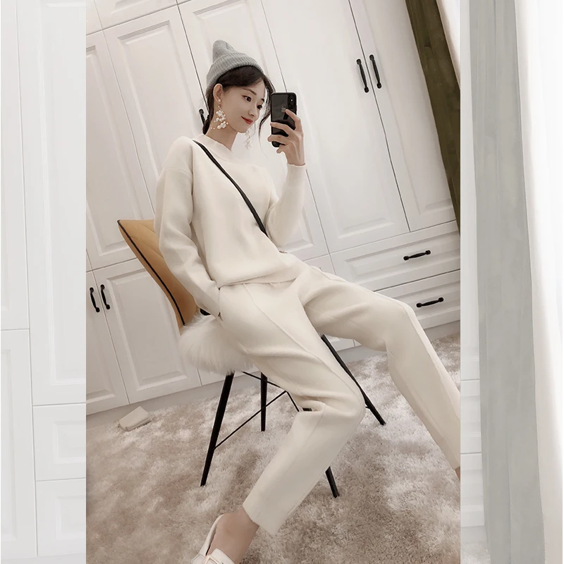 BGSOLID Knitted Wool Set New Fashion Loose Slim Cashmere Sweater Pants Two-piece Wholesale and Direct Sets are very popular | Женская