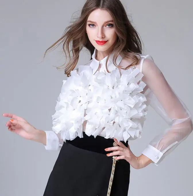 Женская блузка с длинным рукавом элегантная подиумная цветочной аппликацией