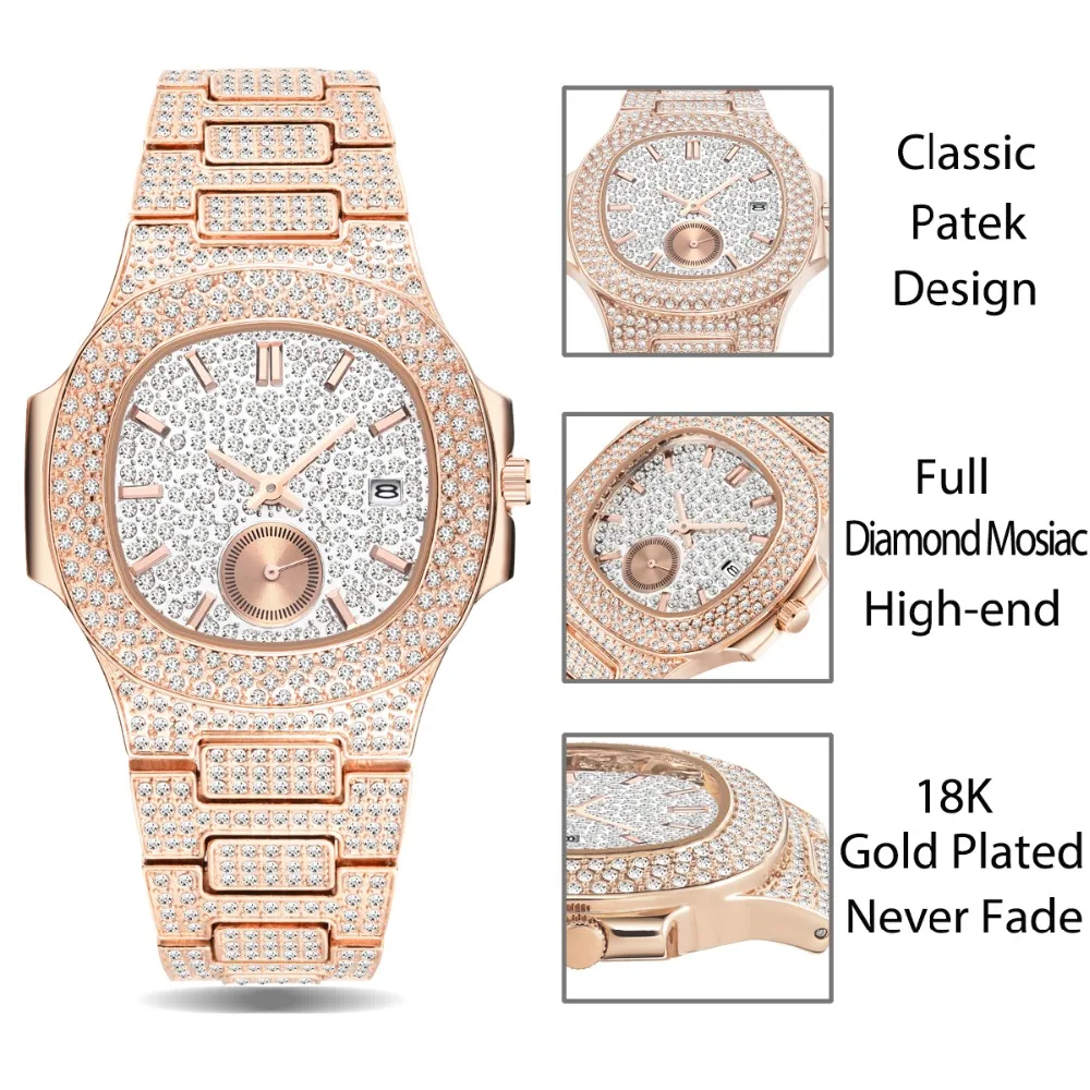 Уникальные мужские часы от роскошного бренда Patek, модные мужские часы из розового золота, кварцевые часы с хронографом, алмазная сталь, Iced Out часы