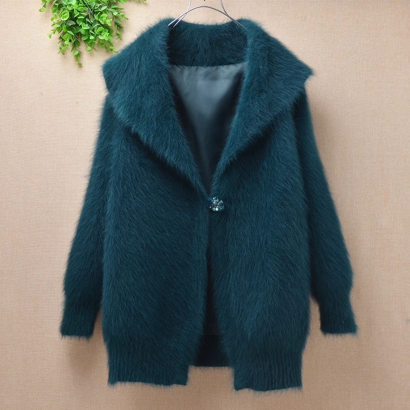femme women winter thicken warm loose oversize turn-down collar mink cashmere cardigan angora rabbit wool knitted sweater coat |