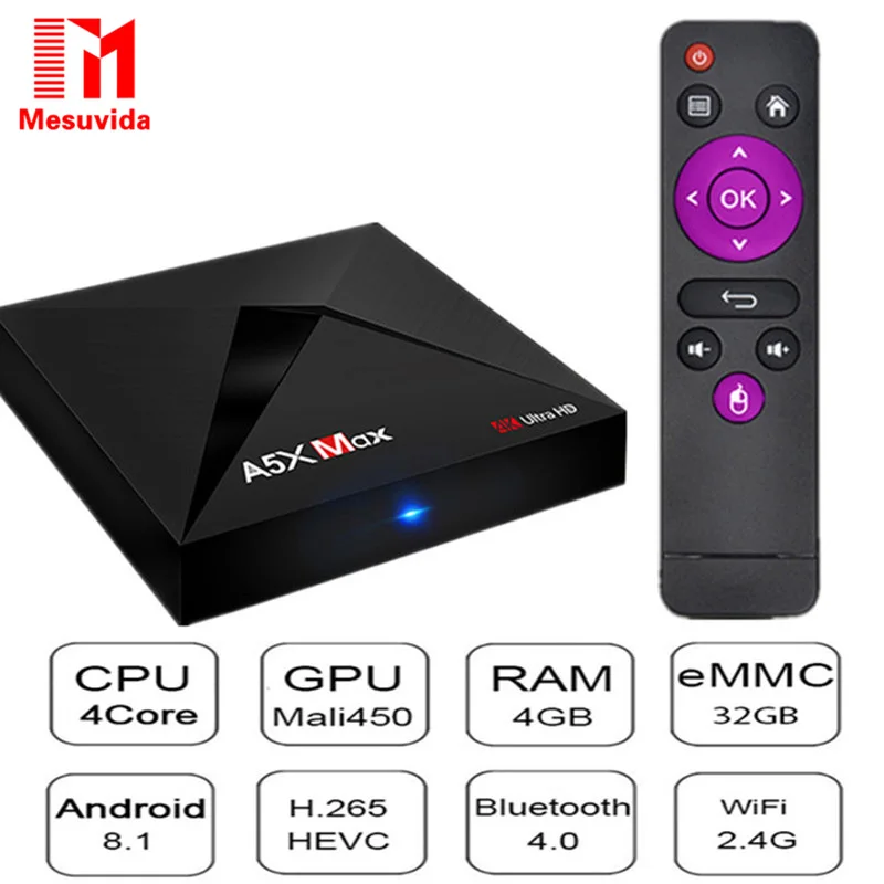 A5X MAX Android 8 1 Smart ТВ коробка RK3328 4 Гб Оперативная память + 32 GB Встроенная 2 4G WI FI Bluetooth4.0