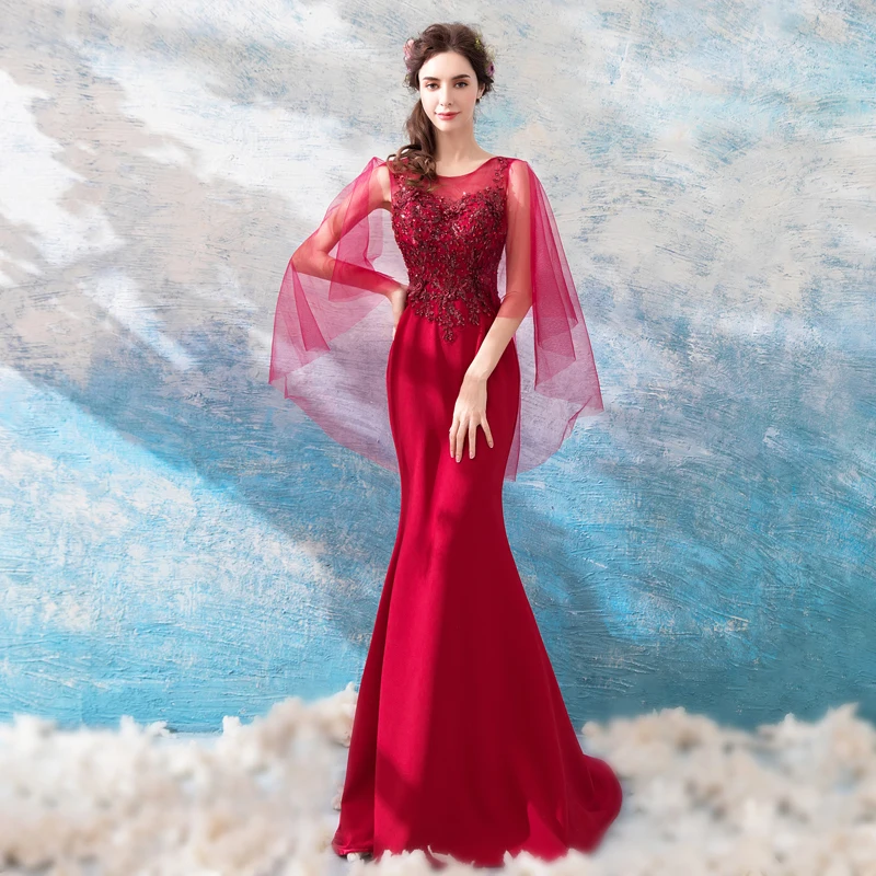 Женское вечернее платье SSYFashion Красное/винно-красное с кружевной аппликацией и