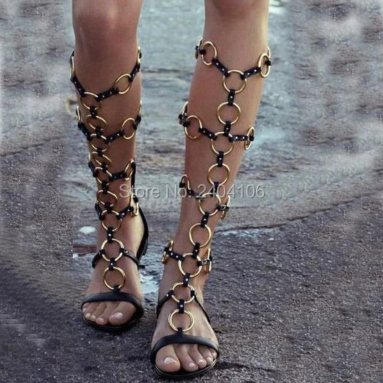 

Botas Mujer Black Leather Knee High Booties Cut Outs Summer Boots Gold Metal Rings Studded Shoes Woman Gladiator Flat Sandals