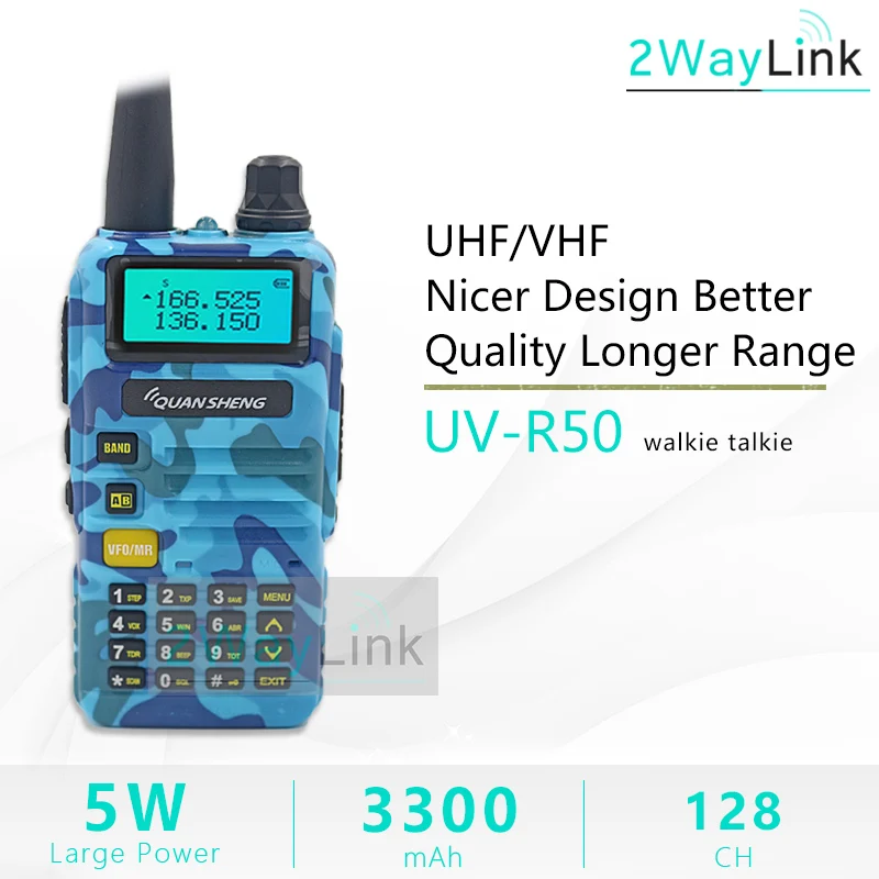 Blue QuanSheng UV-R50 TG-UV2 Walkie Talkie UV-R50-2 UHF VHF 5 Вт двухстороннее радио 3300 мАч портативное Quansheng UV-R50(-1) Ham Radio TG-UV50R - Цвет: Blue