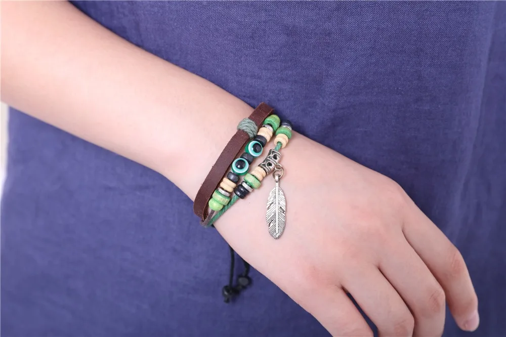 Real Leather Bracelets for Women Men Jewelry Feather Charm pulseira masculina feminina erkek bileklik Punk bracelet | Украшения и