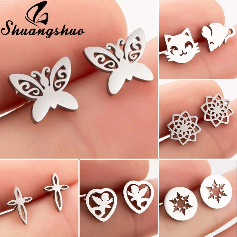 Shuangshuo стальные серьги гвоздики в виде бабочки животных для женщин