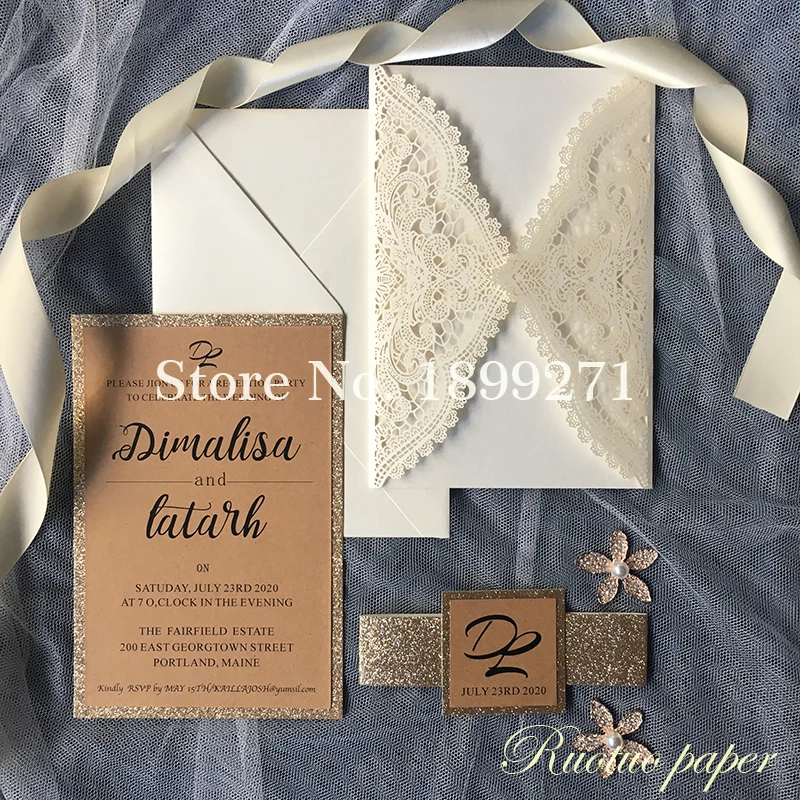 Ivory Lace Laser Cut Wedding Invitations With rose gold gillter ribbon/backgroud Rectangle Wedding Die Cut Laser Cut Traditional