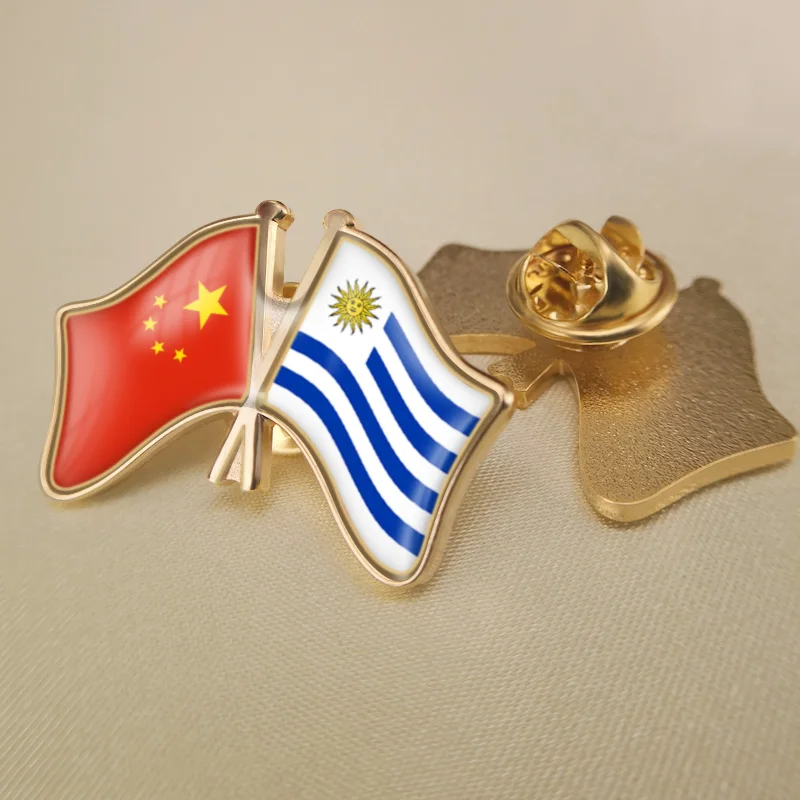

China and Uruguay Crossed Double Friendship Flags Lapel Pins Brooch Badges