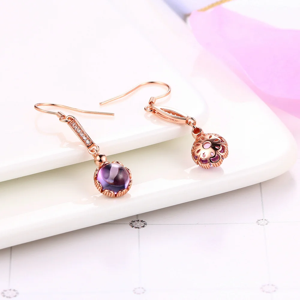 MoBuy MBEI019 Round Natrual Gemstone Amethyst Drop/Dangle Earring 925 Sterling Silver Rose Gold Plated Fine Jewelry For Women | Украшения и