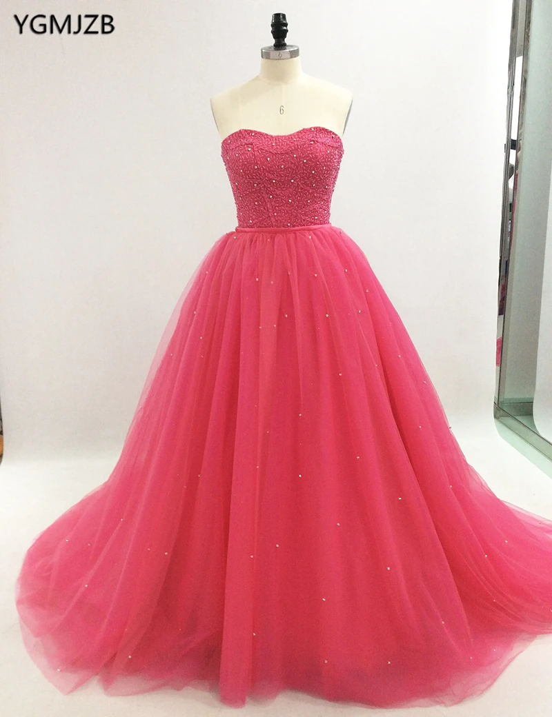 Розовое длинное бальное платье Quinceanera 2018 с бусинами и кристаллами пышное для