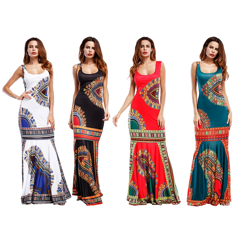 Женские Длинные Макси платья Плюс Размеры Bodycon Boho Летний пляж Африканский принт