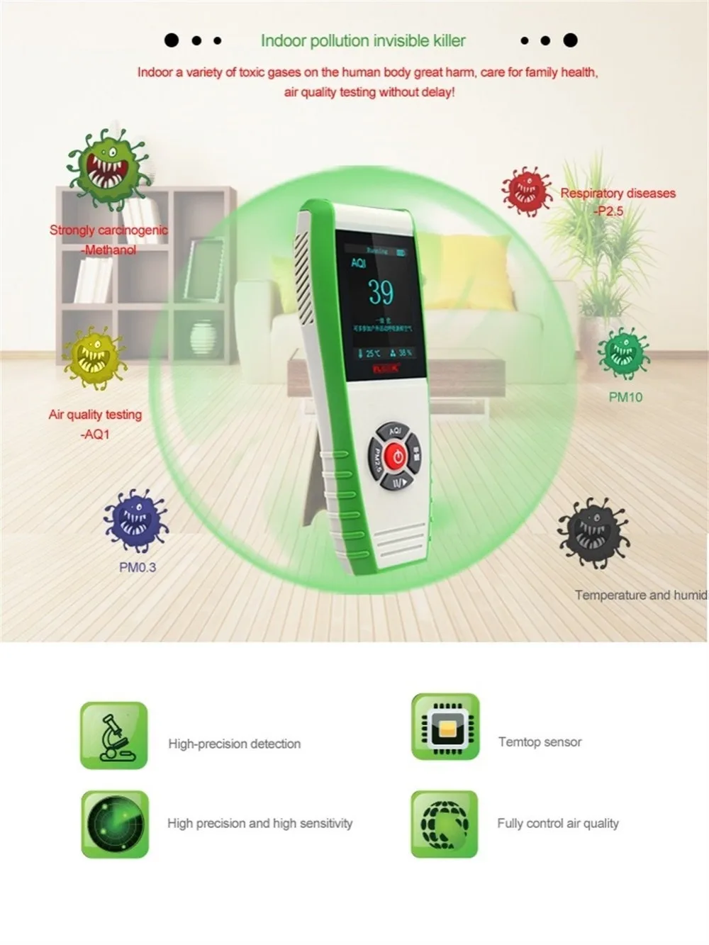 

Indoor Air Quality Monitor 7-in-1 Digital Temperature Humidity Tester Meter PM 2.5 PM2.5 PM0.3 PM10 Formaldehyde Gas Detector