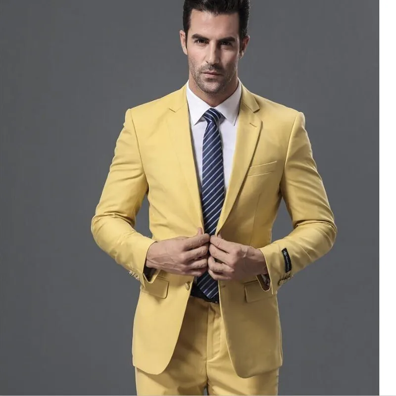 

New Yellow Groom Suit Men Wedding Tuxdos Custom Made Groomsmen Tuxedos Notch Lapel Men Prom Party Suits (Jacket+Pant)